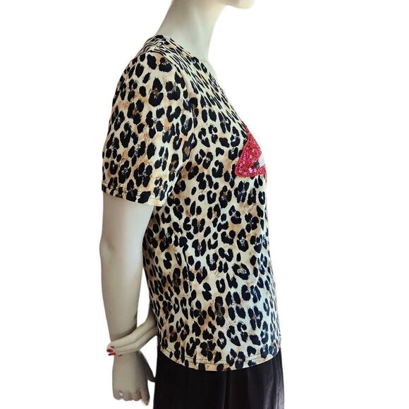 Shein Pullover Top Women's Animal Print Tan Black Sequin Lips - Picture 5 of 8